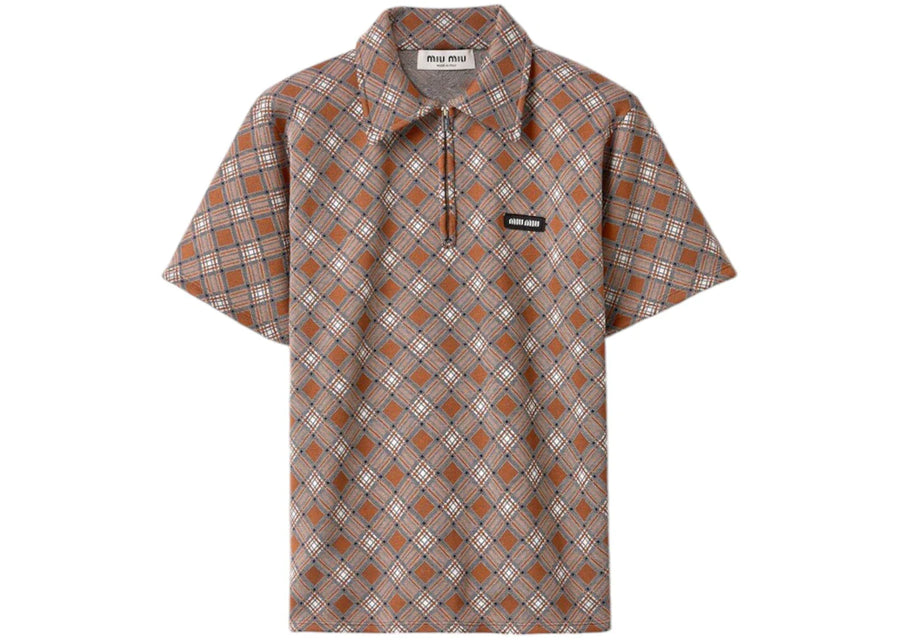 Miu Miu Silk Check Polo Shirt Tabacco