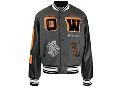 Off-White Patch Embellished Varsity Bomber Jacket Medium Grey Yellow Black