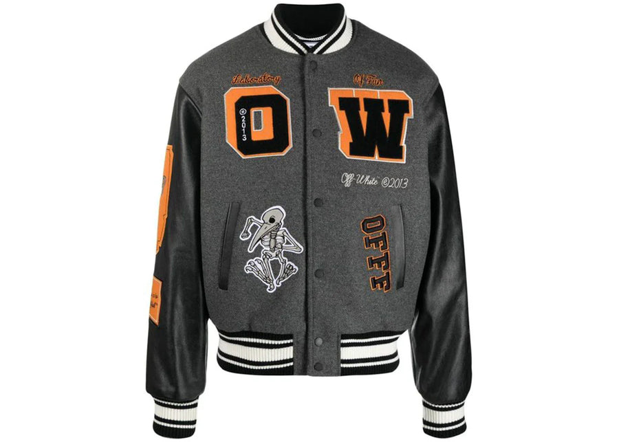 Off-White Patch Embellished Varsity Bomber Jacket Medium Grey Yellow Black