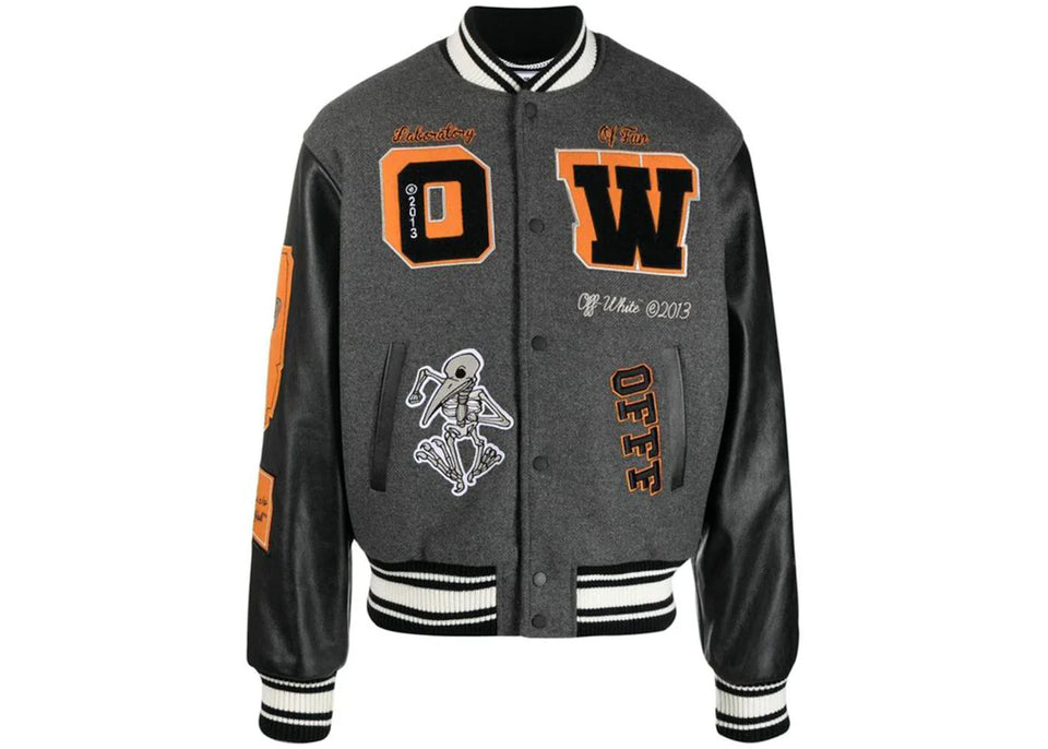 Off-White Patch Embellished Varsity Bomber Jacket Medium Grey Yellow Black