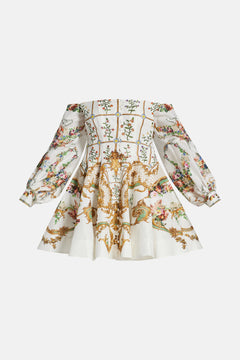 Camilla Dressing Room Drama Seamed Floral Linen Silk Off Shoulder Mini Dress in White