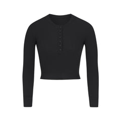 SKIMS COTTON RIB LONG SLEEVE CROP HENLEY SOOT