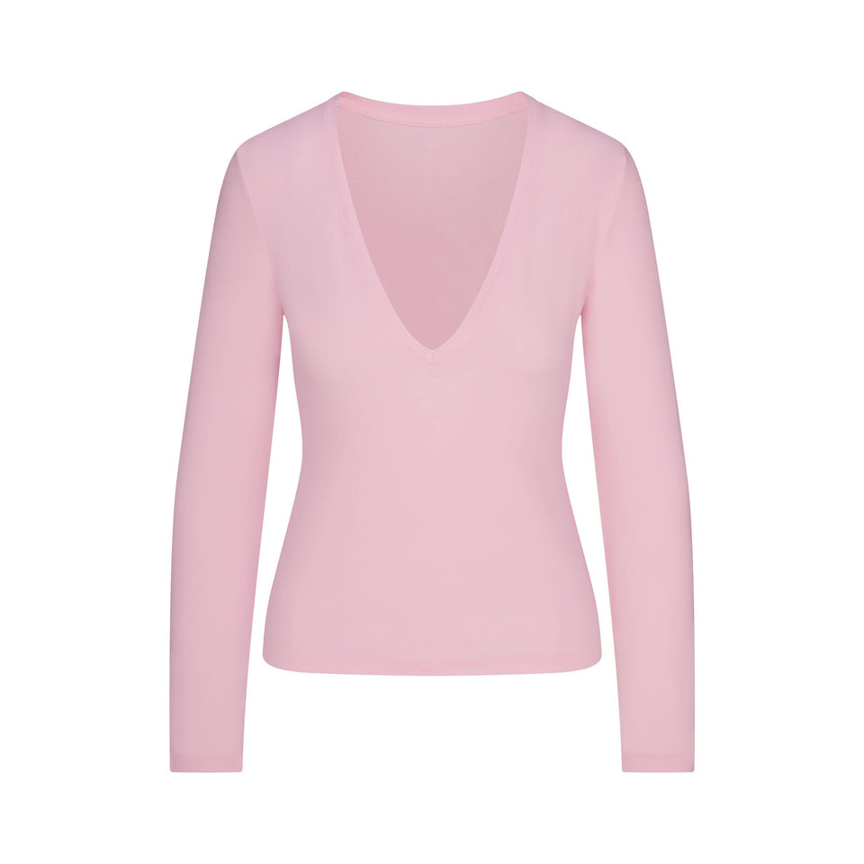 Cotton Jersey Long Sleeve Plunge Top