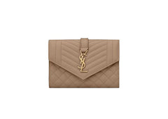 Saint Laurent Small Envelope Wallet In Mix Matlasse Grand de Purse Embossed Leather Dark Beige