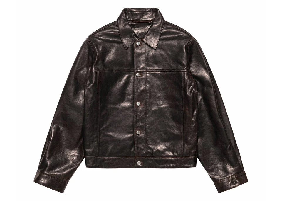 Stussy Trucker Leather Jacket Dark Brown