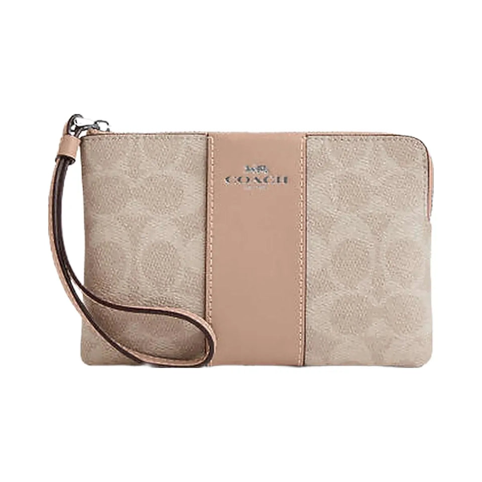 Coach Corner Zip Wristlet In Signature Canvas With Stripe Signature Canvas-Silver-Sand-Taupe