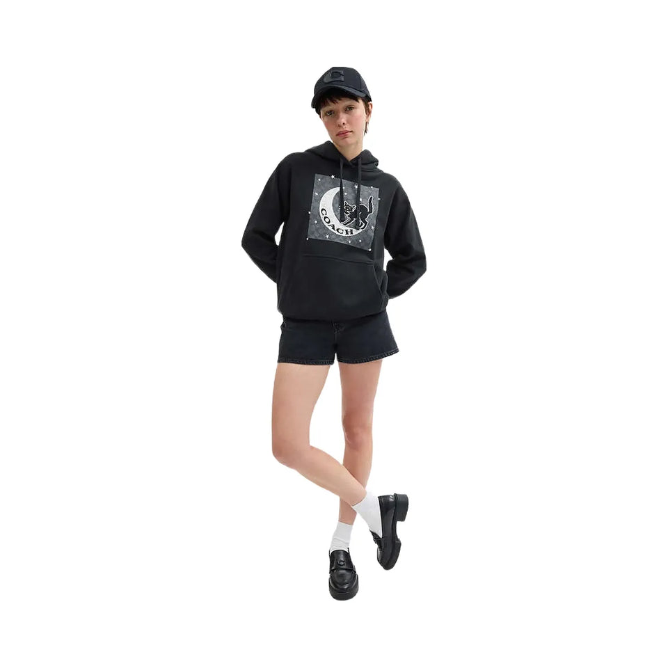 Coach Halloween Black Cat Moon Signature Square Hoodie Black