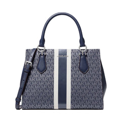 Michael Kors Marilyn Medium Signature Logo Stripe Satchel Navy