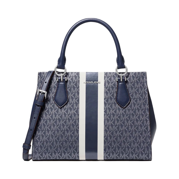Michael Kors Marilyn Medium Signature Logo Stripe Satchel Navy
