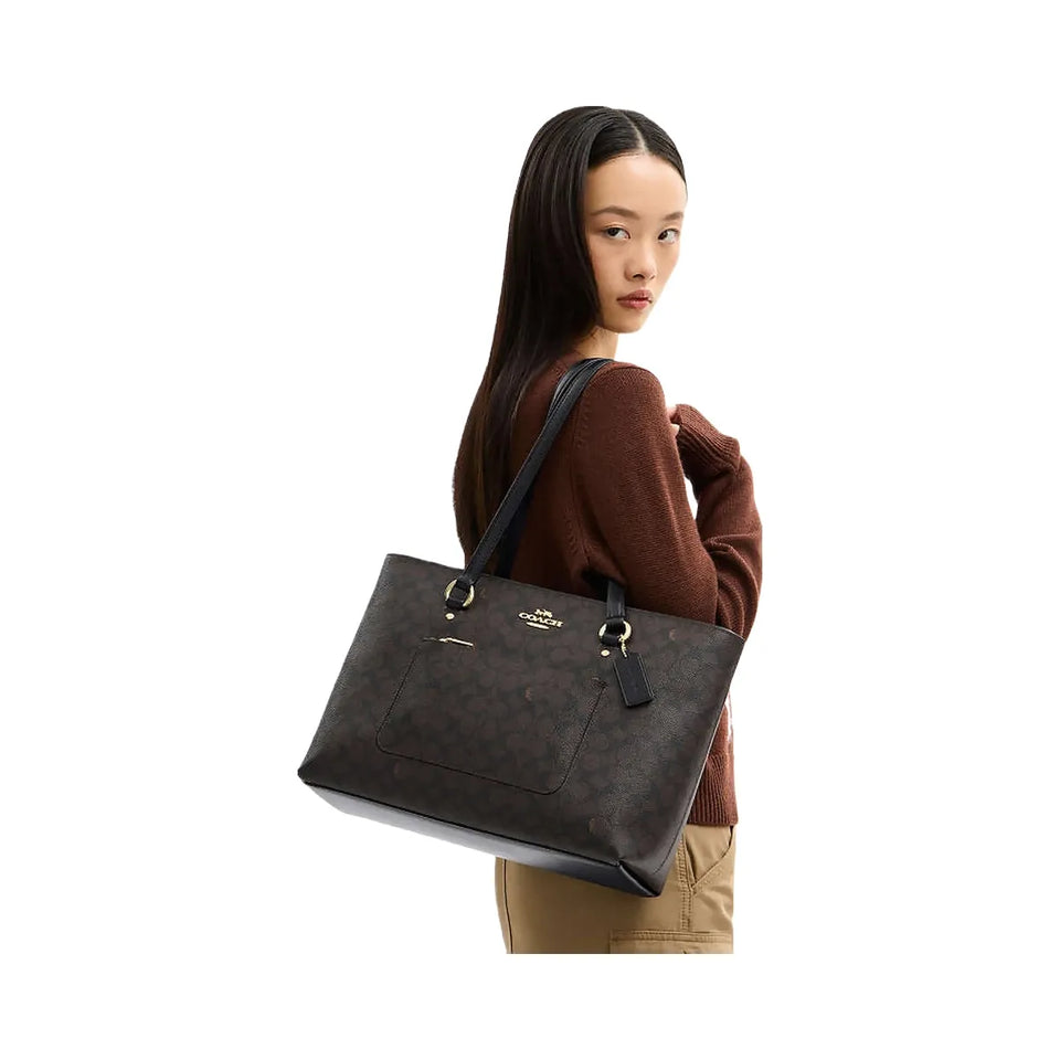 Coach Station Tote Bag In Signature Canvas Signature Canvas-Gold-Walnut-Black