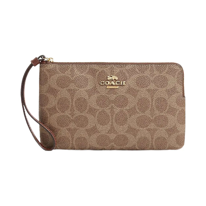Coach Large Corner Zip Wristlet In Signature Canvas Signature Canvas-Gold-Tan-Brown
