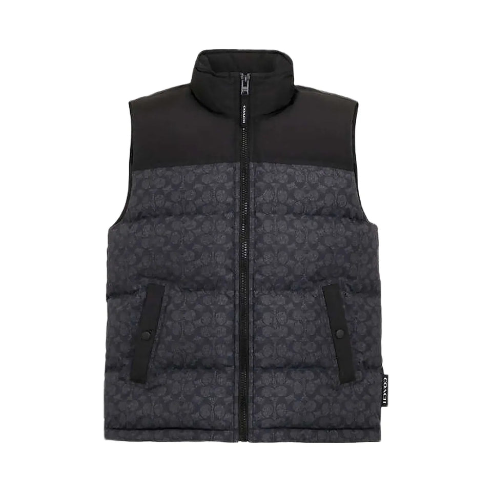 Coach Signature Down Vest In Recycled Polyester Charcoal Signature