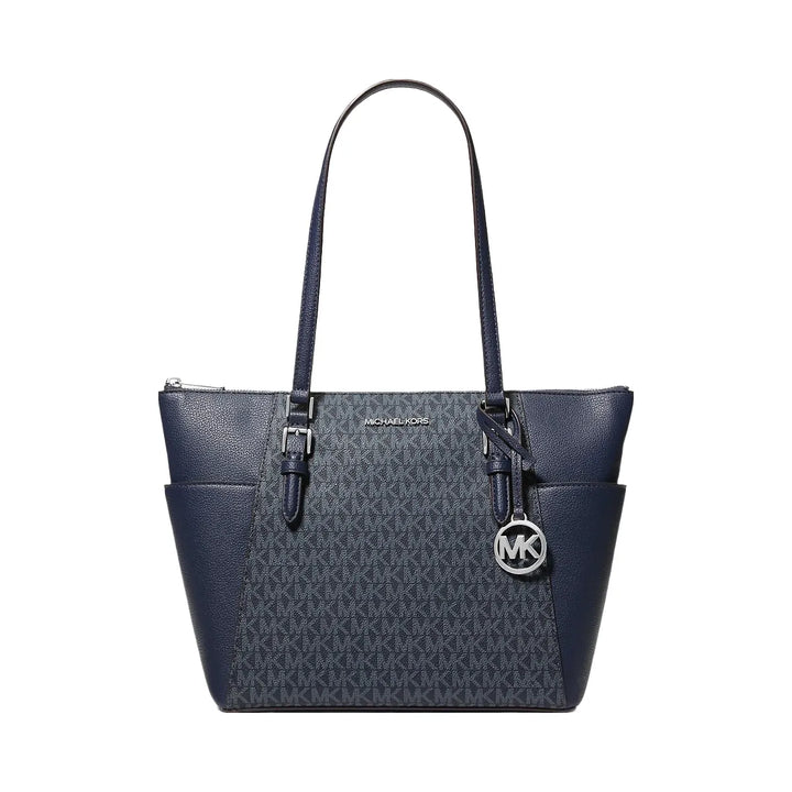 Michael Kors Charlotte Large Logo and Leather Top-Zip Tote Bag Admiral