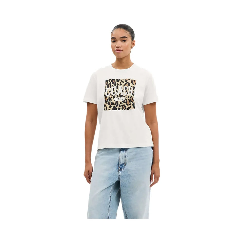 Coach Leopard Signature Square Classic T-Shirt In Organic Cotton White