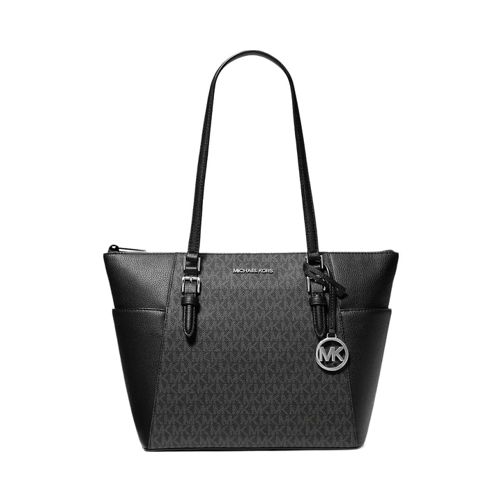 Michael Kors Charlotte Large Logo and Leather Top-Zip Tote Bag Black