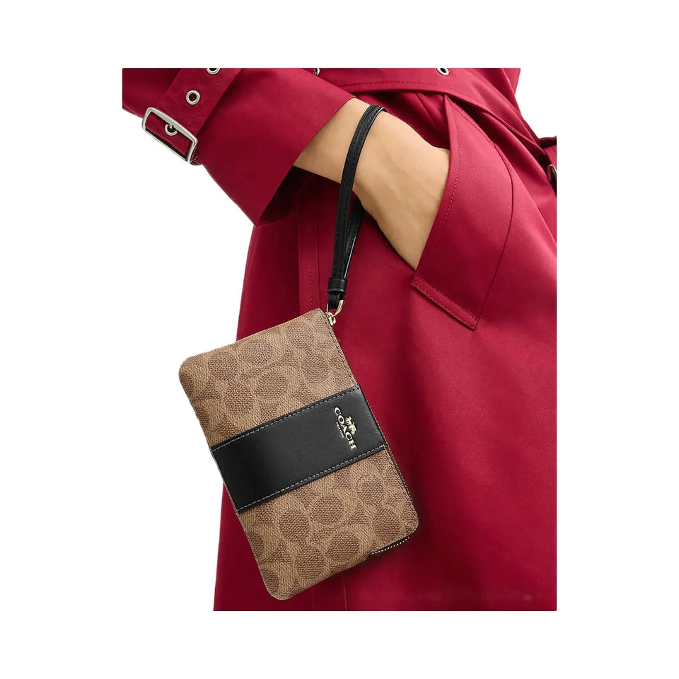 Coach Corner Zip Wristlet In Signature Canvas With Stripe Signature Canvas-Gold-Tan-Black