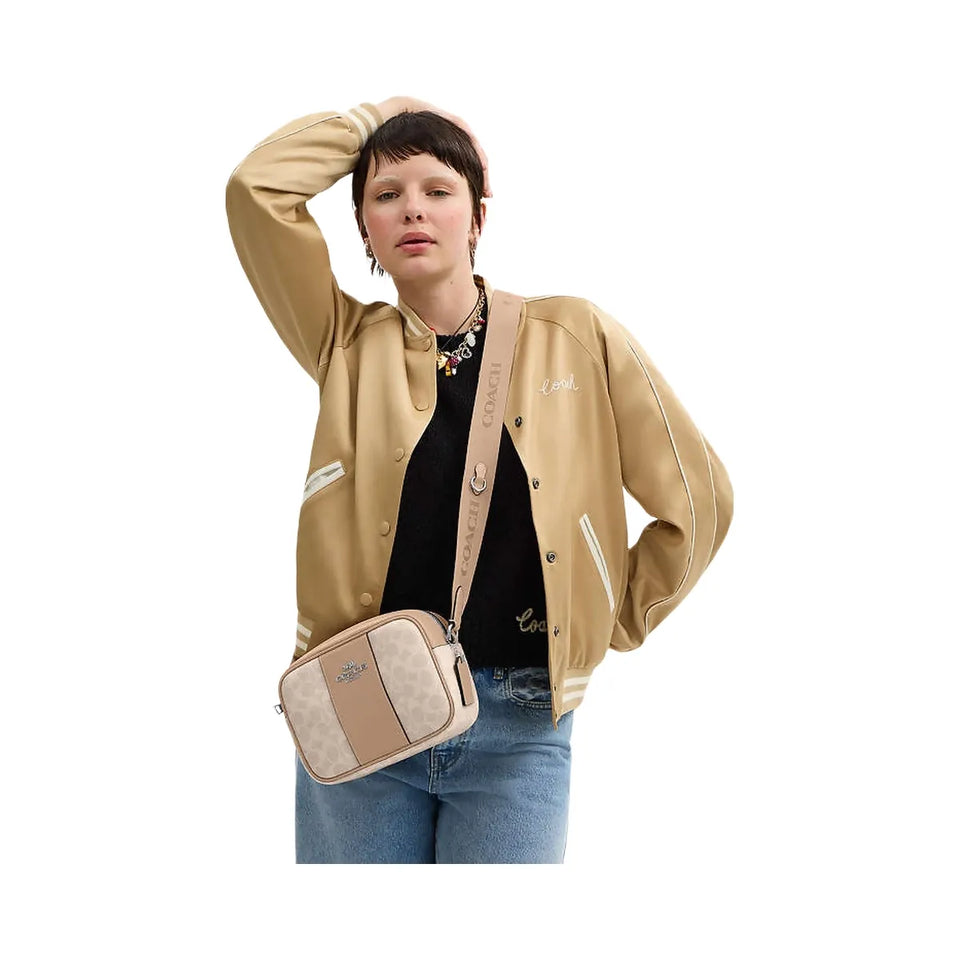Coach Jamie Camera Bag In Signature Canvas With Stripe Signature Canvas-Silver-Sand-Taupe