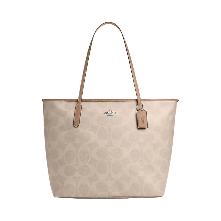 Coach Large City Tote Bag In Maxi Signature Canvas Signature Canvas-Silver-Sand-Taupe