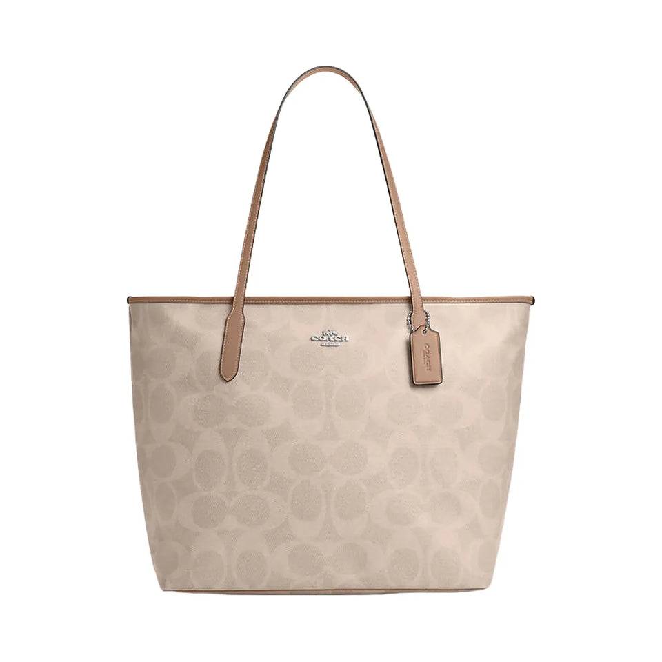 Coach Large City Tote Bag In Maxi Signature Canvas Signature Canvas-Silver-Sand-Taupe