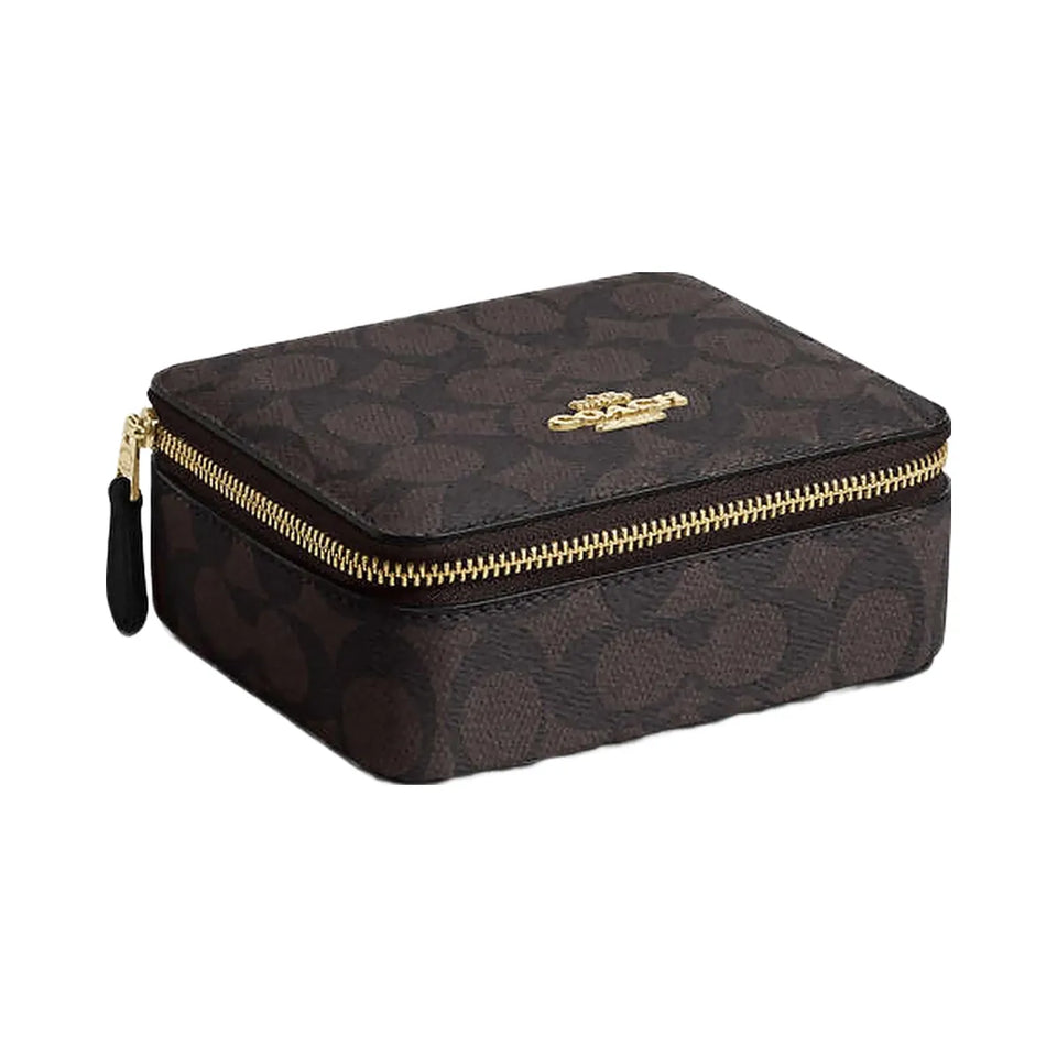 Coach Large Jewelry Box In Signature Canvas Signature Canvas-Gold-Walnut-Black
