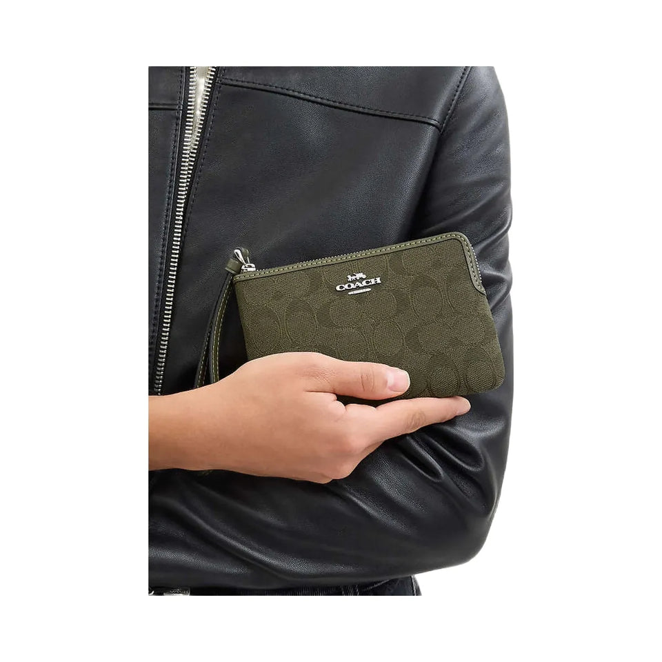 Coach Corner Zip Wristlet In Signature Jacquard Non Leather-Silver-Olive Drab-Olive Drab