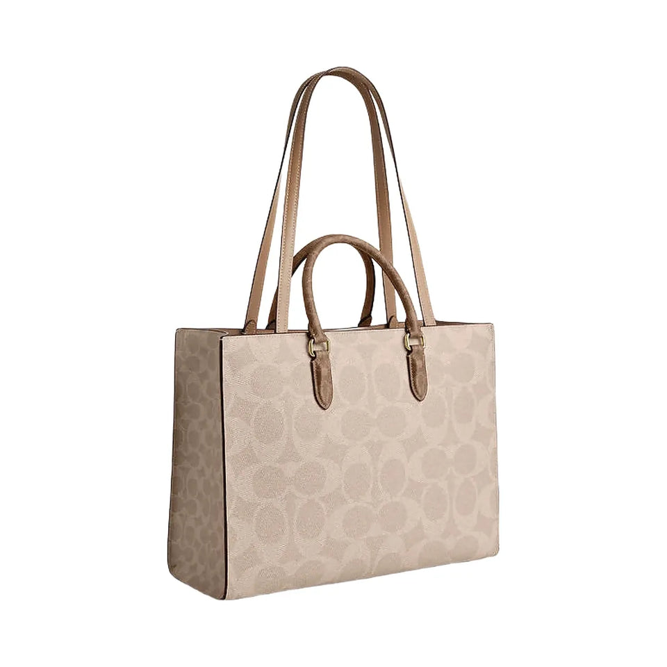 Coach Maggie Tote Bag In Blocked Signature Canvas Signature Canvas-Gold-Sand-Tan
