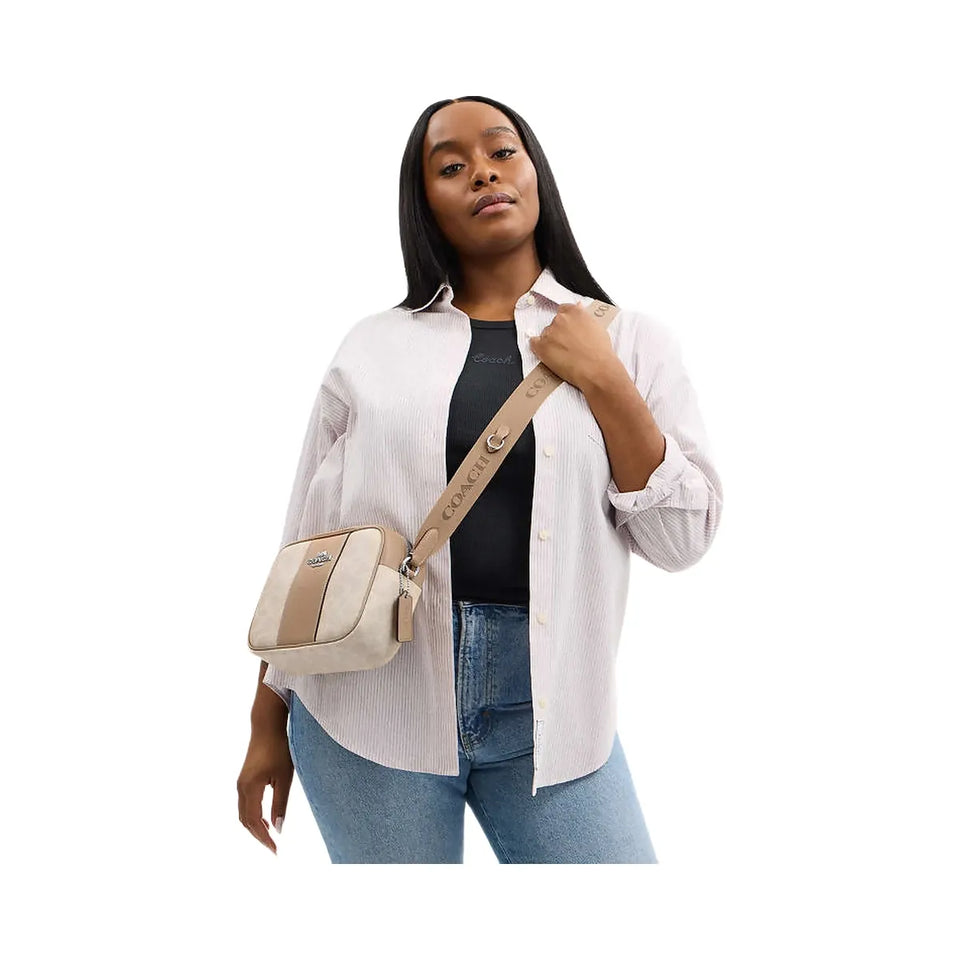 Coach Jamie Camera Bag In Signature Canvas With Stripe Signature Canvas-Silver-Sand-Taupe