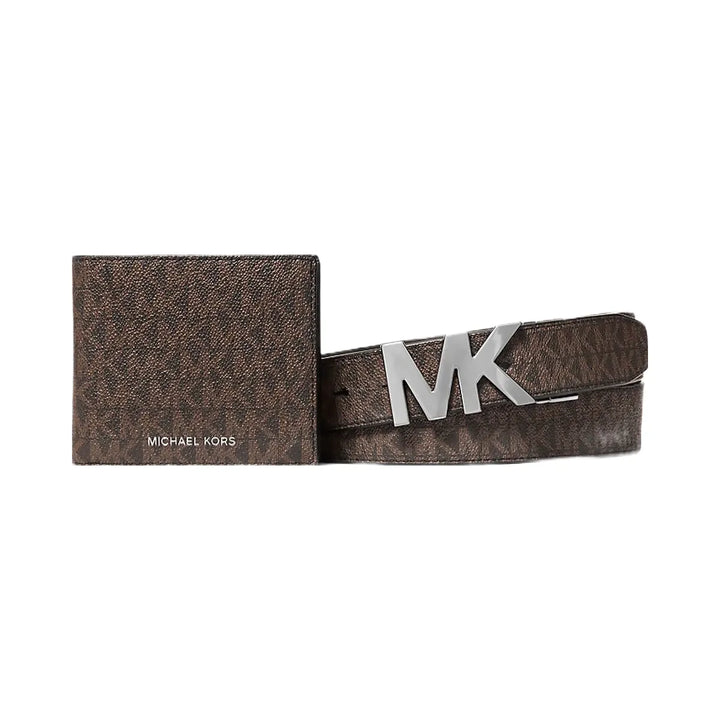 Michael Kors Signature Logo Wallet and Reversible Belt Gift Set Brown-Black