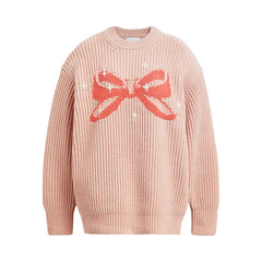 Coach Crewneck Bow Sweater In Recycled Wool Pink