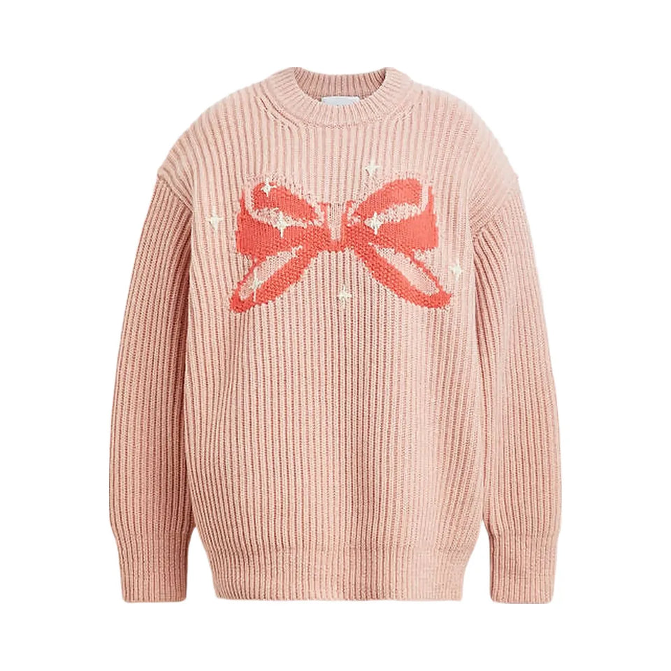 Coach Crewneck Bow Sweater In Recycled Wool Pink