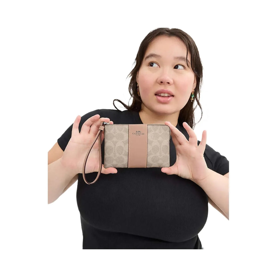 Coach Corner Zip Wristlet In Signature Canvas With Stripe Signature Canvas-Silver-Sand-Taupe