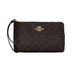 Coach Large Corner Zip Wristlet In Signature Canvas Signature Canvas-Gold-Walnut-Black