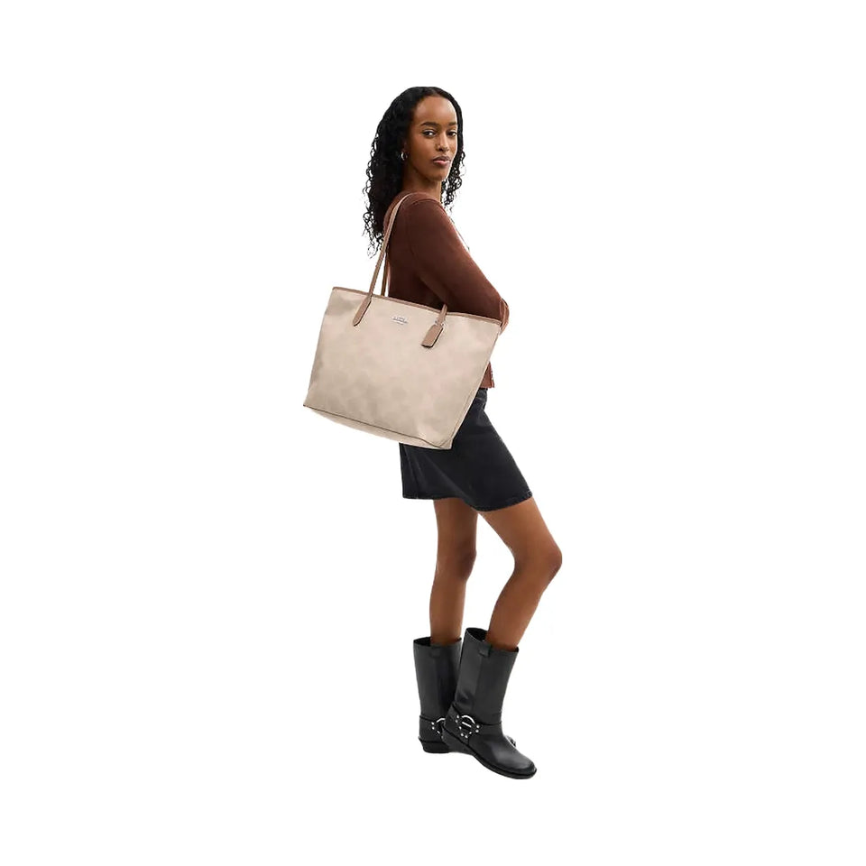 Coach Large City Tote Bag In Maxi Signature Canvas Signature Canvas-Silver-Sand-Taupe