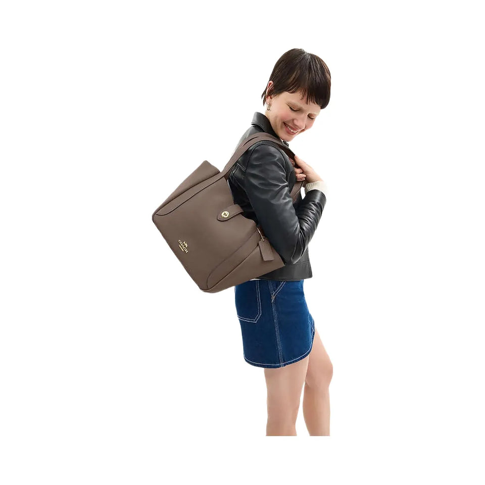 Coach Hadley Turnlock Tote Bag Pebbled Leather-Gold-Dark Stone