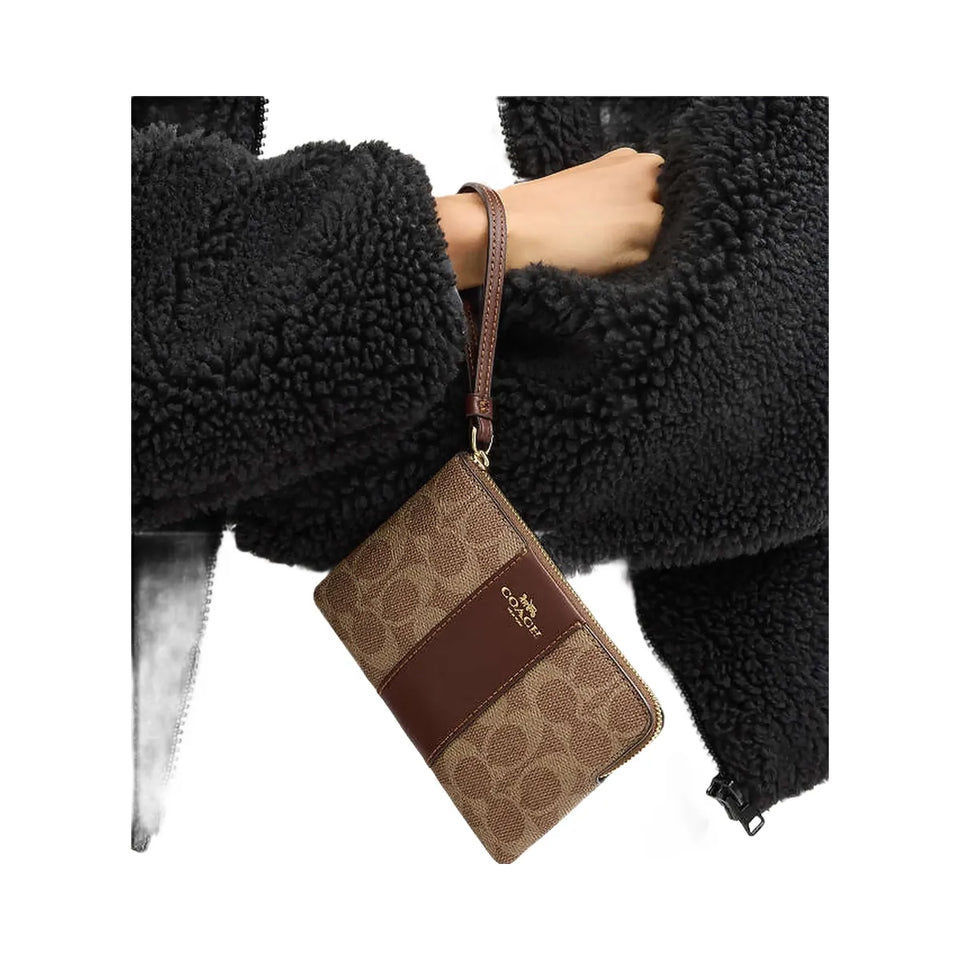 Coach Corner Zip Wristlet In Signature Canvas With Stripe Signature Canvas-Gold-Tan-Brown