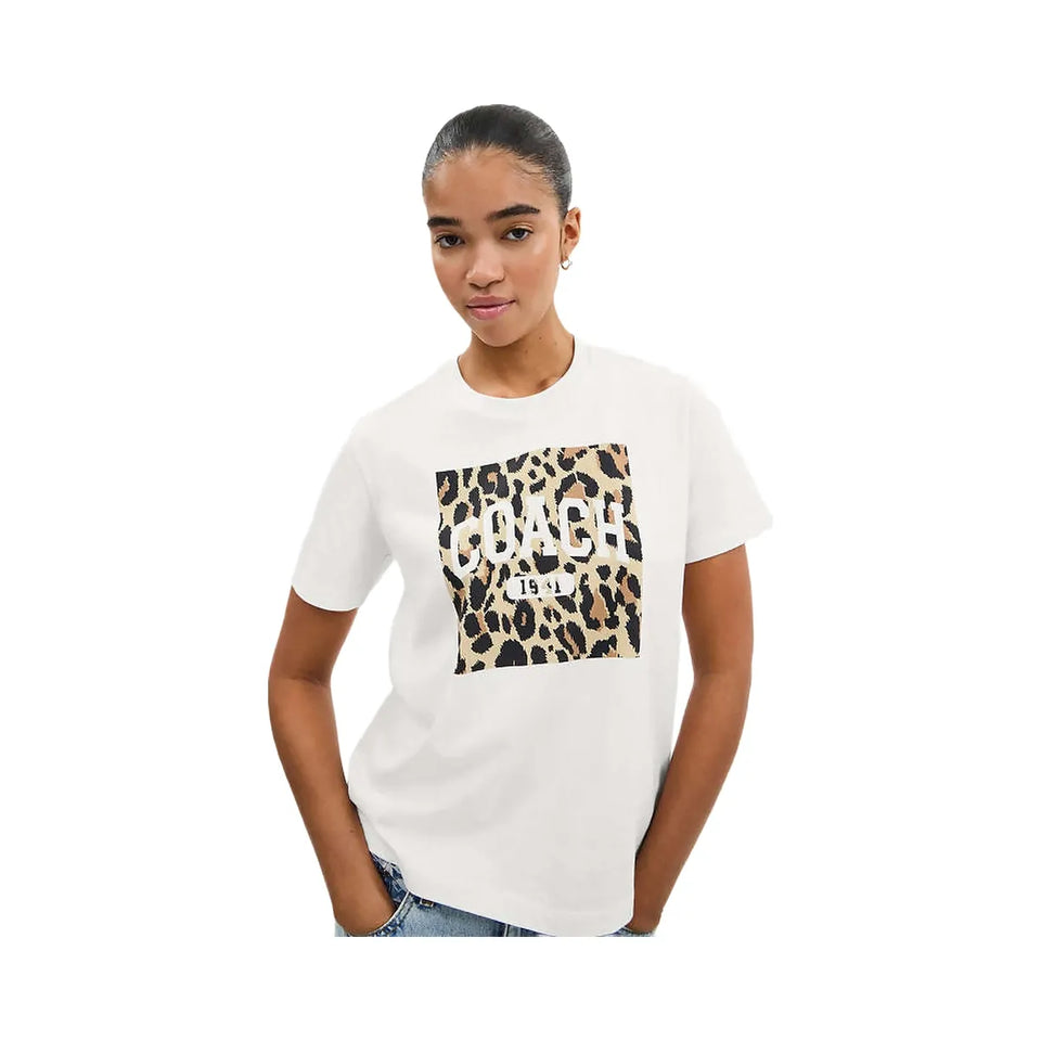 Coach Leopard Signature Square Classic T-Shirt In Organic Cotton White