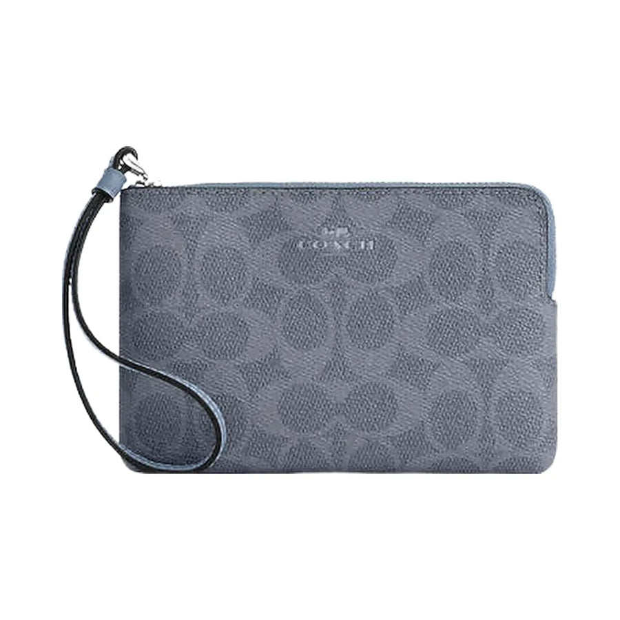 Coach Corner Zip Wristlet In Signature Canvas Signature Canvas-Silver-Chambray