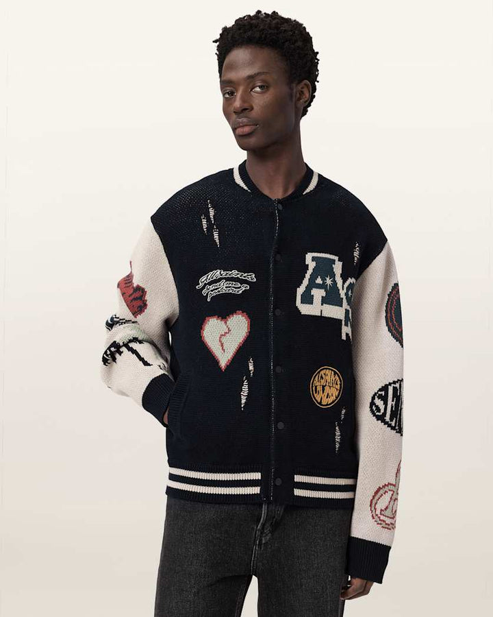 Allsaints Chase Jacquard Knit Cardigan Black/Ecru White