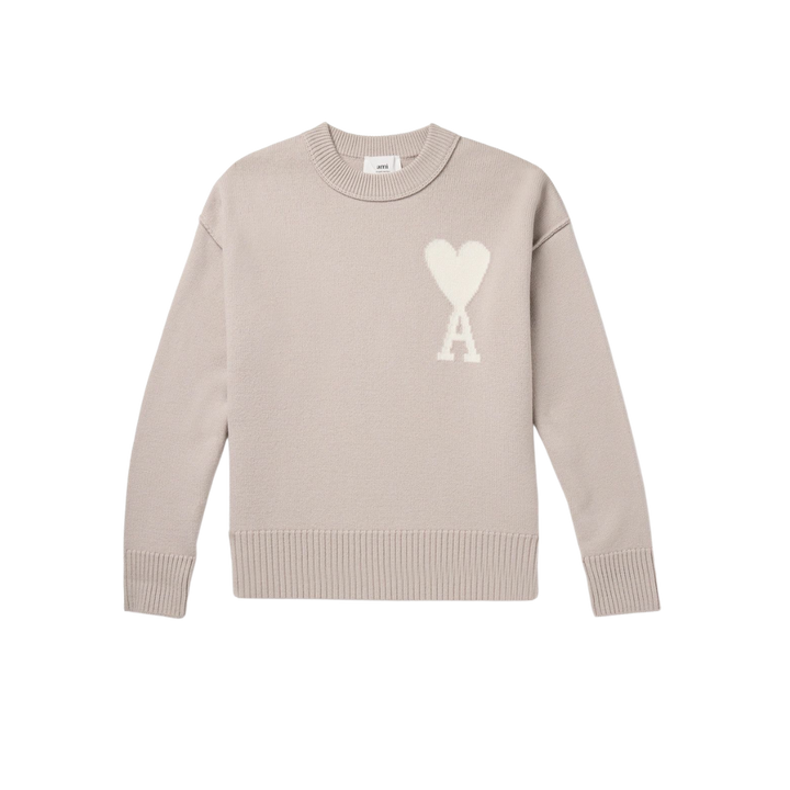 AMI PARIS Logo Intarsia Virgin Wool Sweater Neutrals