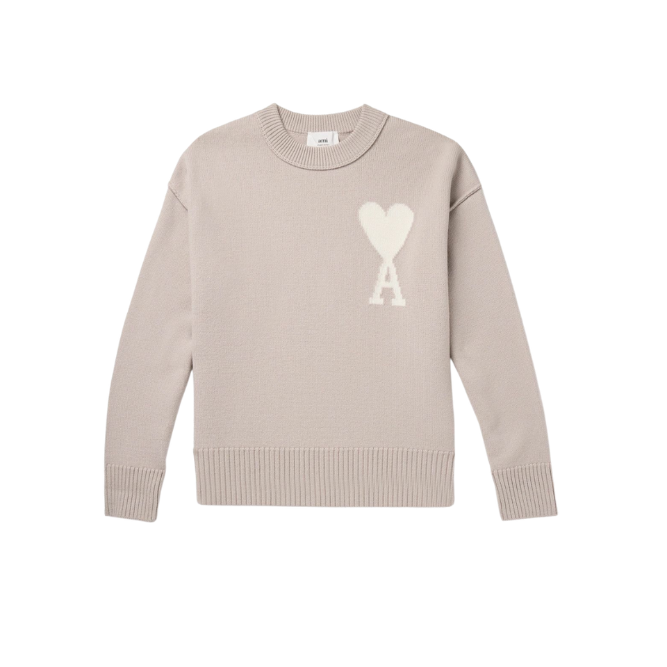 AMI PARIS Logo Intarsia Virgin Wool Sweater Neutrals