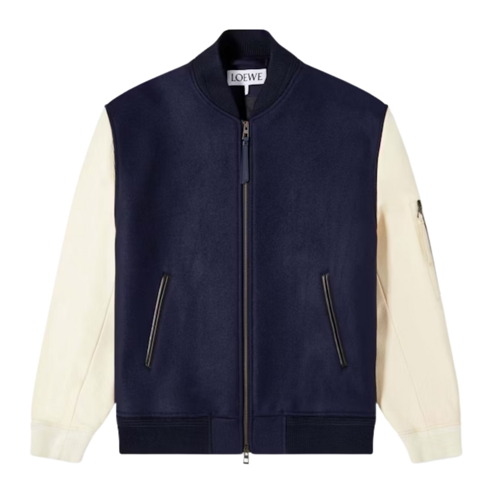 LOEWE Leather Sleeve Bomber Jacket Navy/Cream