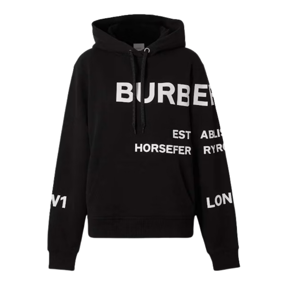 Burberry Horseferry Print Oversized Cotton Drawstring Hoodie Black