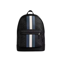 West Backpack In Signature Canvas With Varsity Stripe signature canvas/Gunmetal/Charcoal/Denim/Chalk
