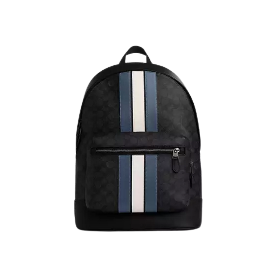 West Backpack In Signature Canvas With Varsity Stripe signature canvas/Gunmetal/Charcoal/Denim/Chalk