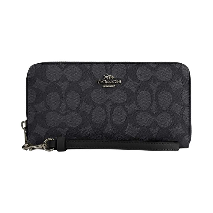 Coach Long Zip Around Wallet In Signature Canvas Signature Canvas-Gunmetal-Charcoal-Black
