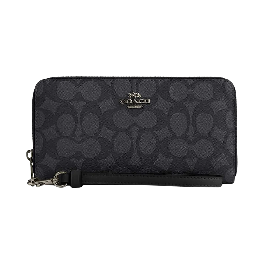 Coach Long Zip Around Wallet In Signature Canvas Signature Canvas-Gunmetal-Charcoal-Black
