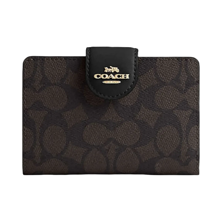 Coach Medium Corner Zip Wallet In Signature Canvas Signature Canvas-Gold-Walnut-Black