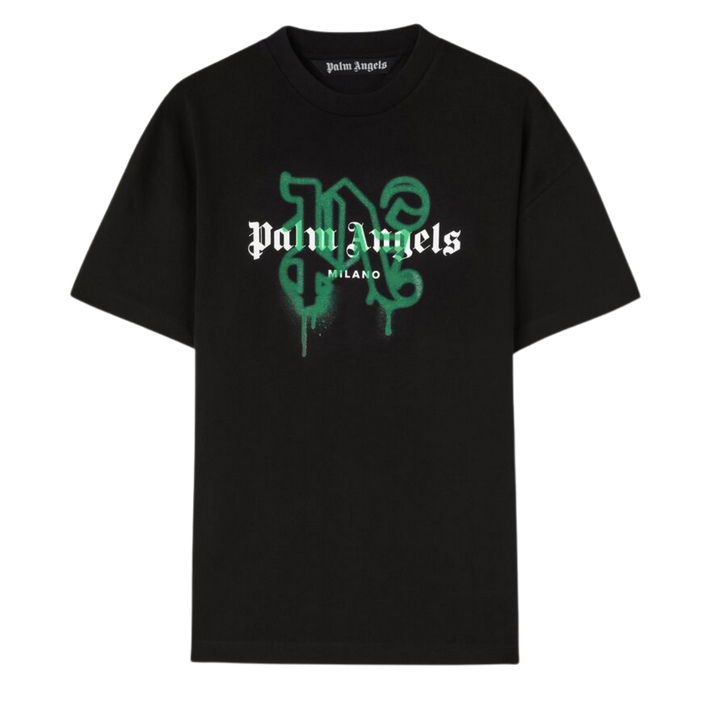 Palm Angels Milano Monogram Sprayed Logo T-Shirt In Black/Green Cotton