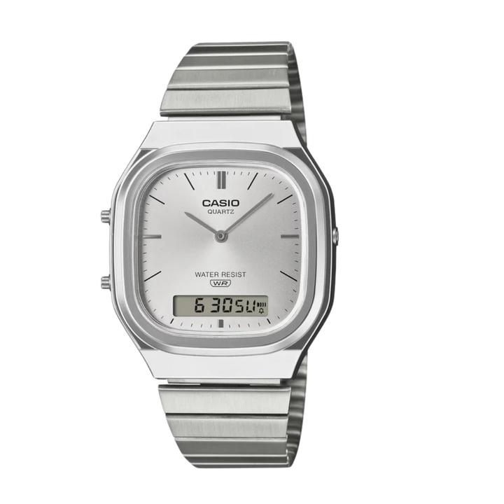 Casio Vintage AQ-240E-7A Silver Dial Analog Digital Stainless Steel Watch with Dual Time D420