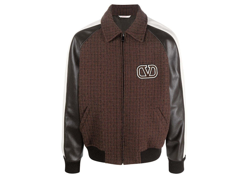 Valentino Tweed-Panel Bomber Jacket Brown